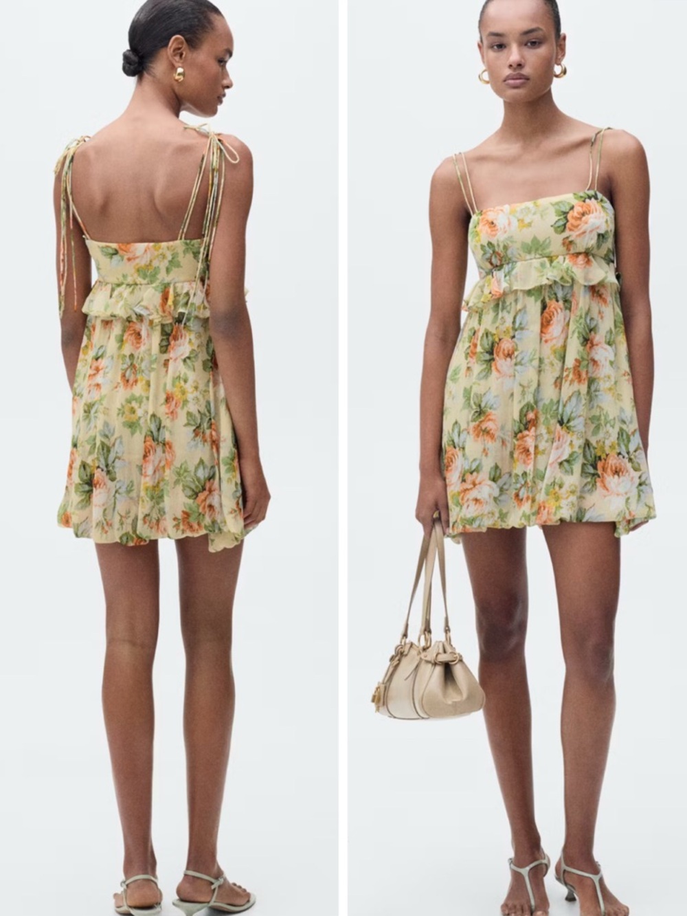 Mango Tie-Shoulder Mini Dress in Yellow and Green Floral Print